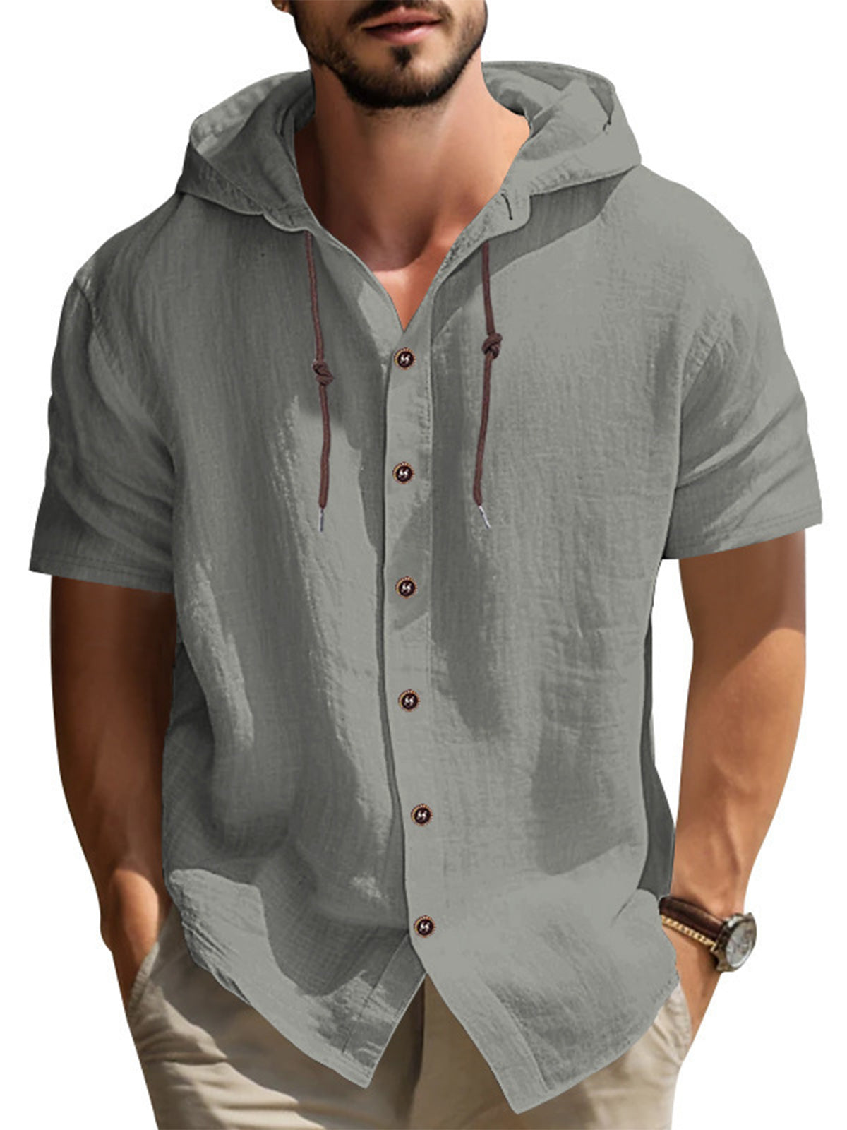Men's Summer Cotton Hooded Solid Color Short Sleeve Shirt