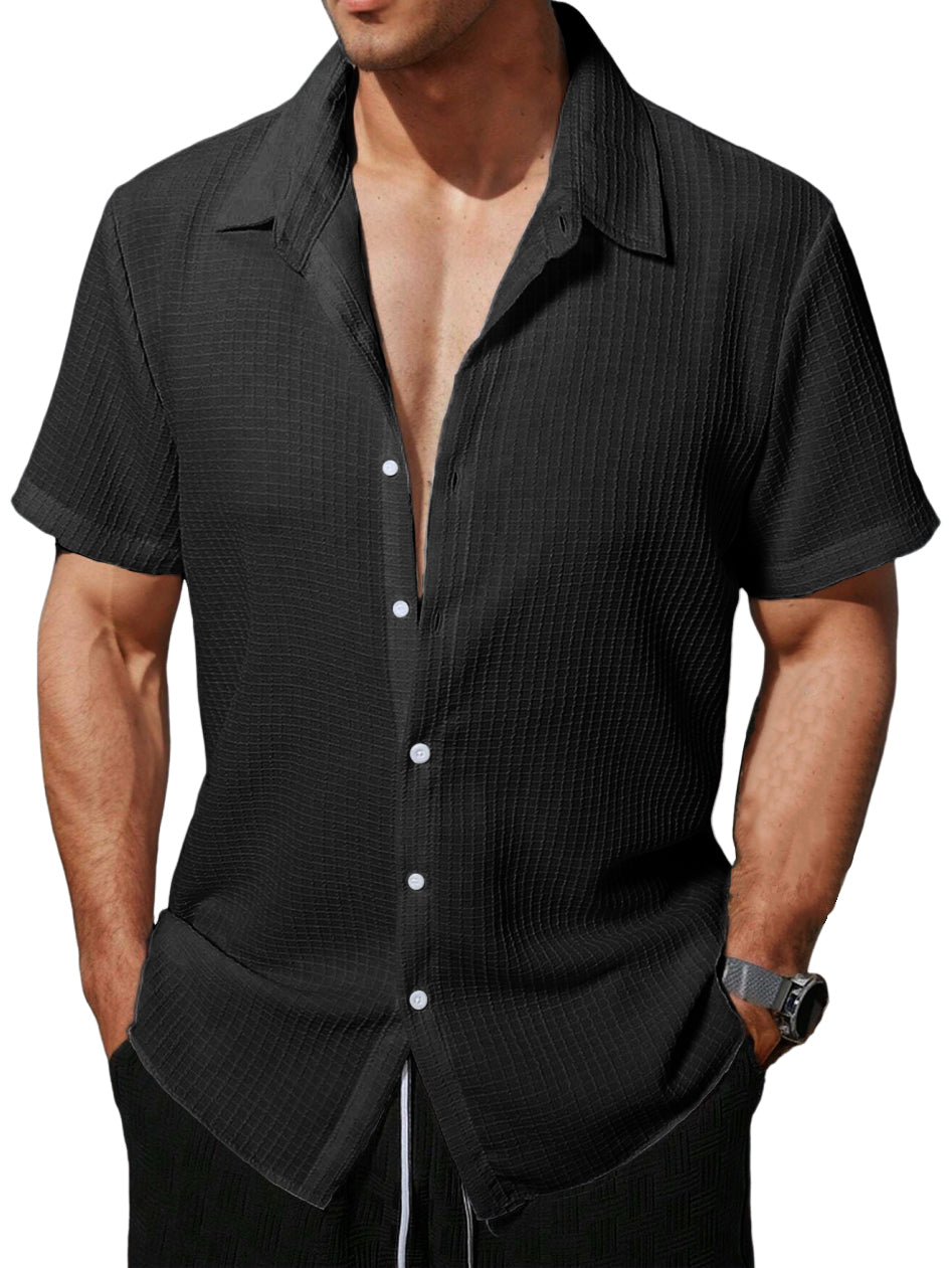 Men's Hawaiian Lapel Waffle Short Sleeve Shirt