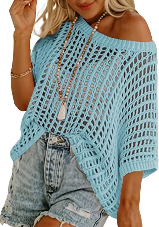 🎁 Womens Summer Scoop Neck ShortSleeve Sweater Casual Crochet Hollow Out KnitTops
