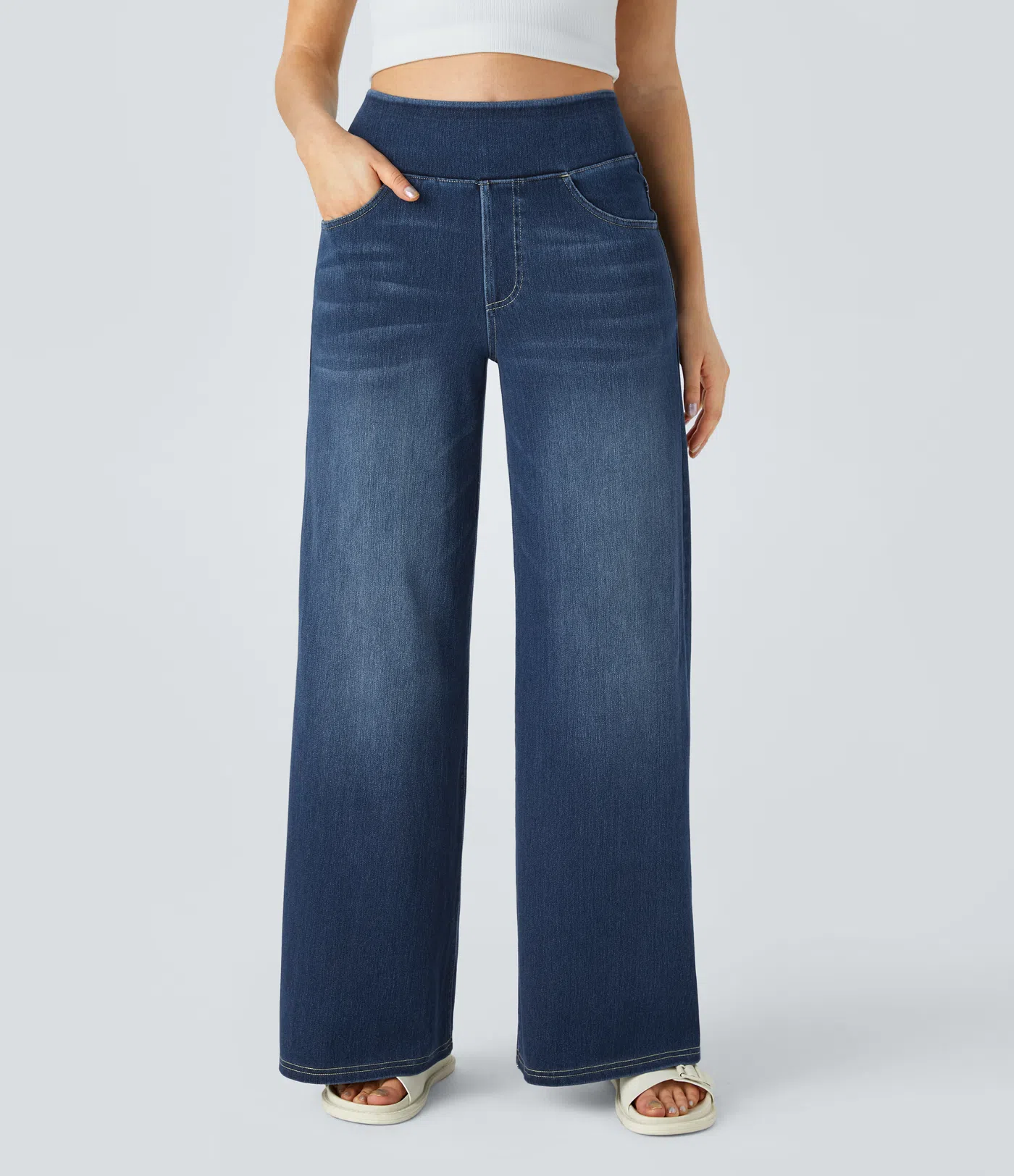 FINAL SALE⚡High Waisted Multiple Pockets Baggy Wide Leg Washed Stretchy Knit Casual Jeans