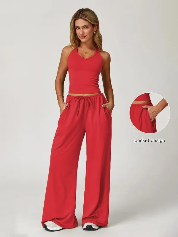 Women's Solid Crop Tank Top & Wide Leg Pants Set, Casual V Neck Sleeveless Top & Trousers for Daily Outdoor Wear, Ladies Sportswear for Summer, Solid Sports Sets, Yoga Suit Set