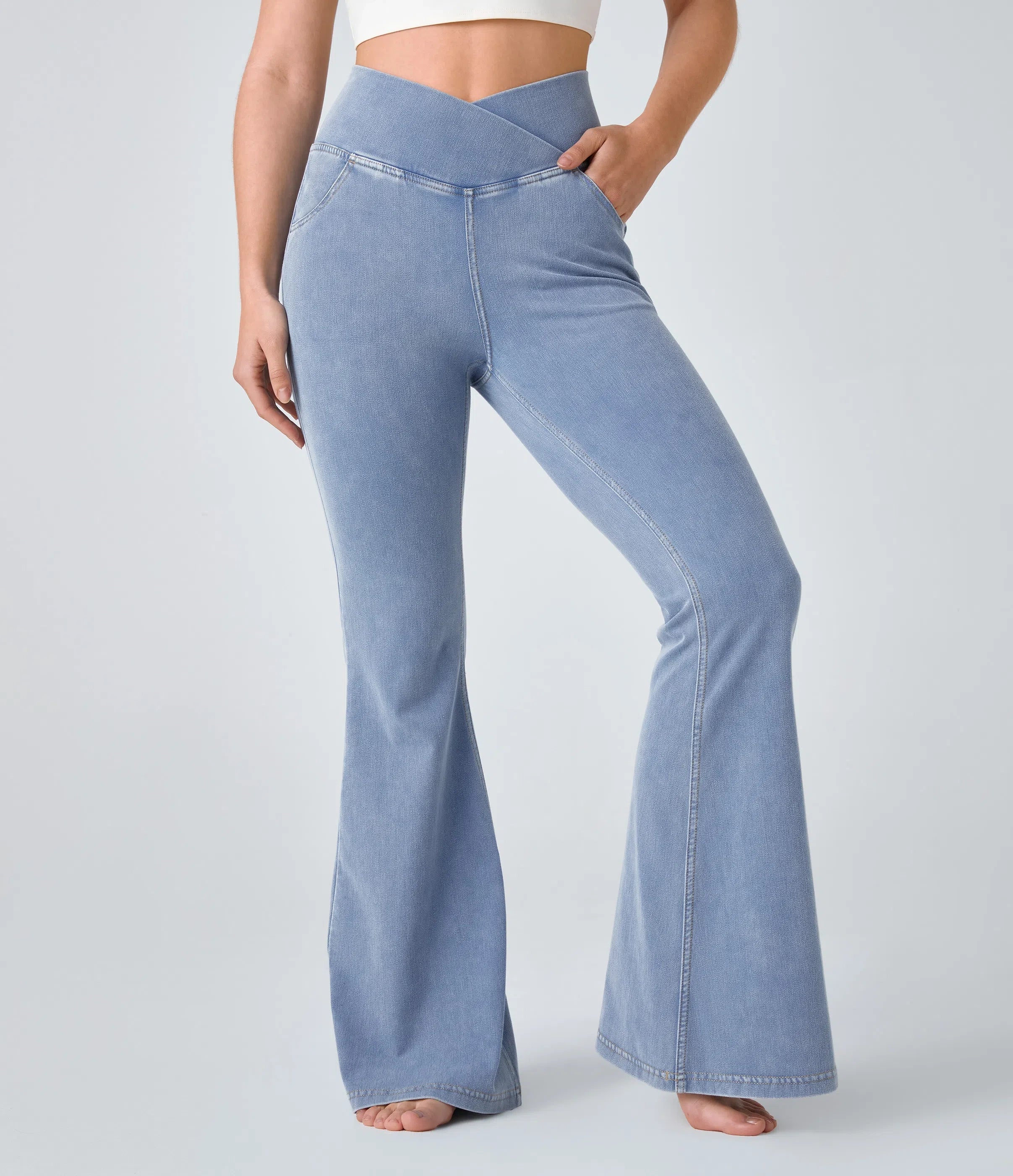 High Waisted Crossover Pocket Washed Stretchy Knit Casual Super Flare Jeans