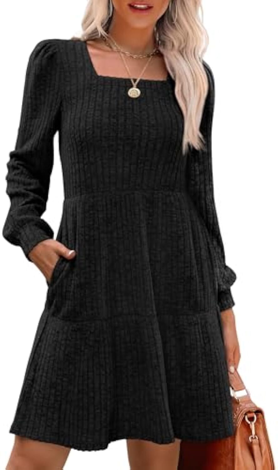 🔥Womens Square Neck Long Sleeve Fall Dresses Casual Babydoll Sweater Dress