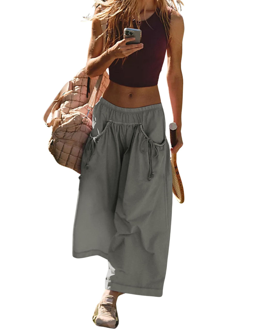 Women's Loose Wide Leg Track Pants Drawstring Pockets Elastic Waist Capri Hiking Pants