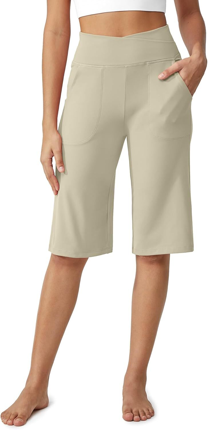 Capri Pants for Women -Knee Length Wide Leg Yoga Capris Dressy Casual Summer Crop Pants with Pockets