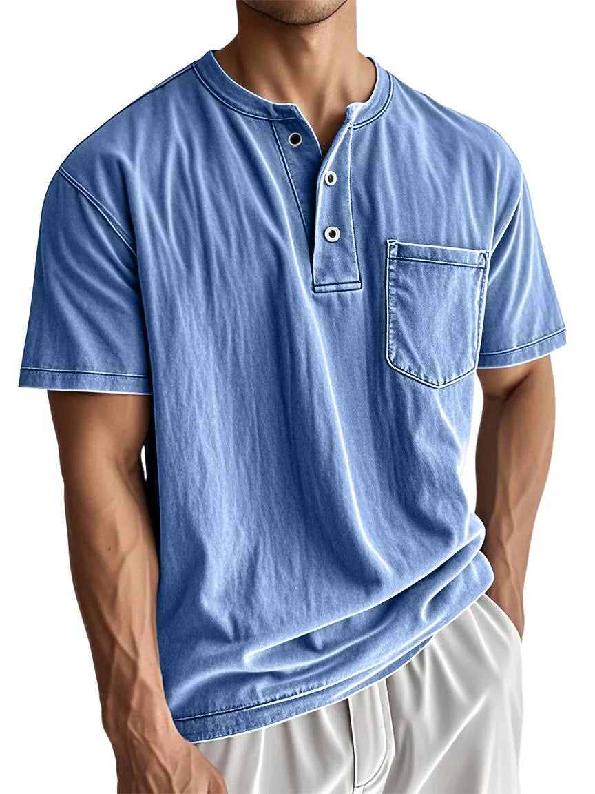 Men's Stylish Washed Distressed Cotton Vintage Casual Pocket Henley Shirt