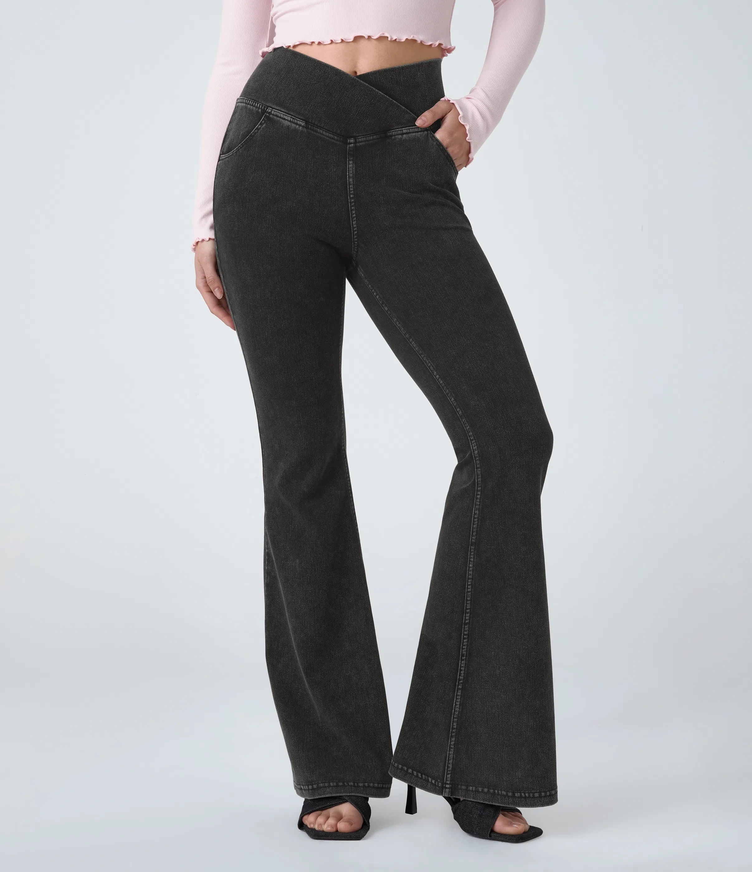⚡High Waisted Crossover Pocket Washed Stretchy Knit Casual Super Flare Jeans⚡