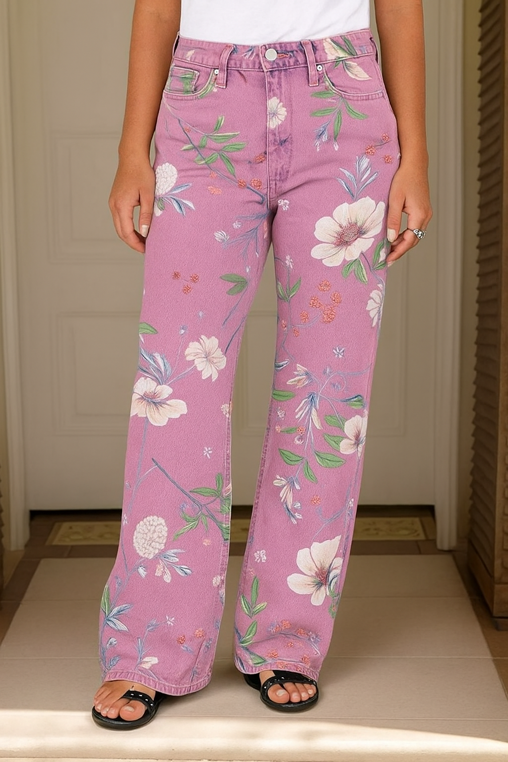 🔥Floral Pattern Wash High Waist Straight Leg Jeans