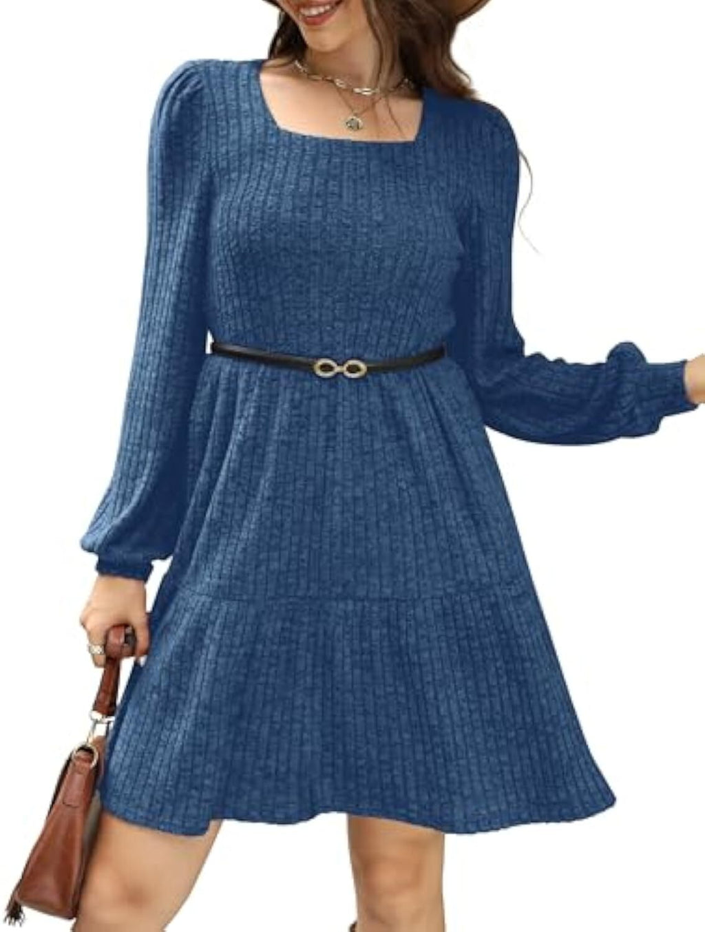 🔥Womens Square Neck Long Sleeve Fall Dresses Casual Babydoll Sweater Dress