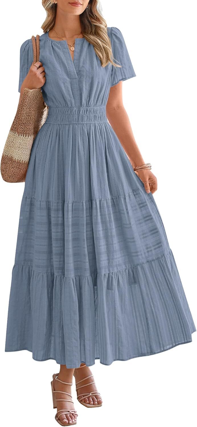 2025 Women's Spring And Summer Lightweight Short Sleeve V Casual Midi Maxi Dresses