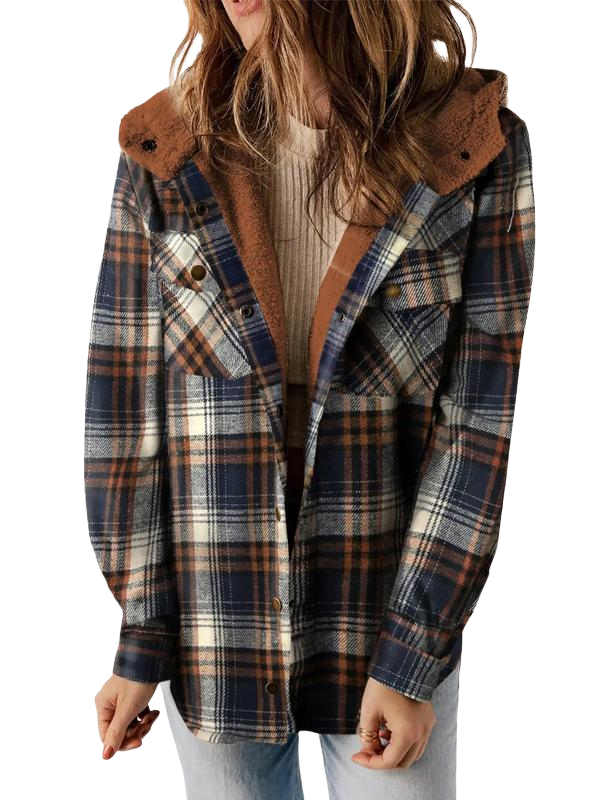 Ladies’ Plaid Hooded Button Coat – Cozy Fall/Winter