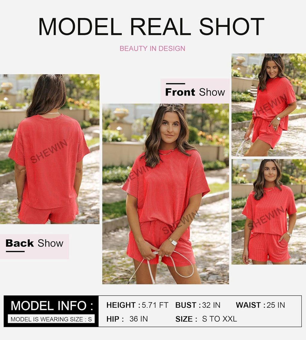 Two 2 Piece Sets for Women Short Sleeve Shirts High Waisted Shorts with Pockets Pajamas Lounge Matching Set