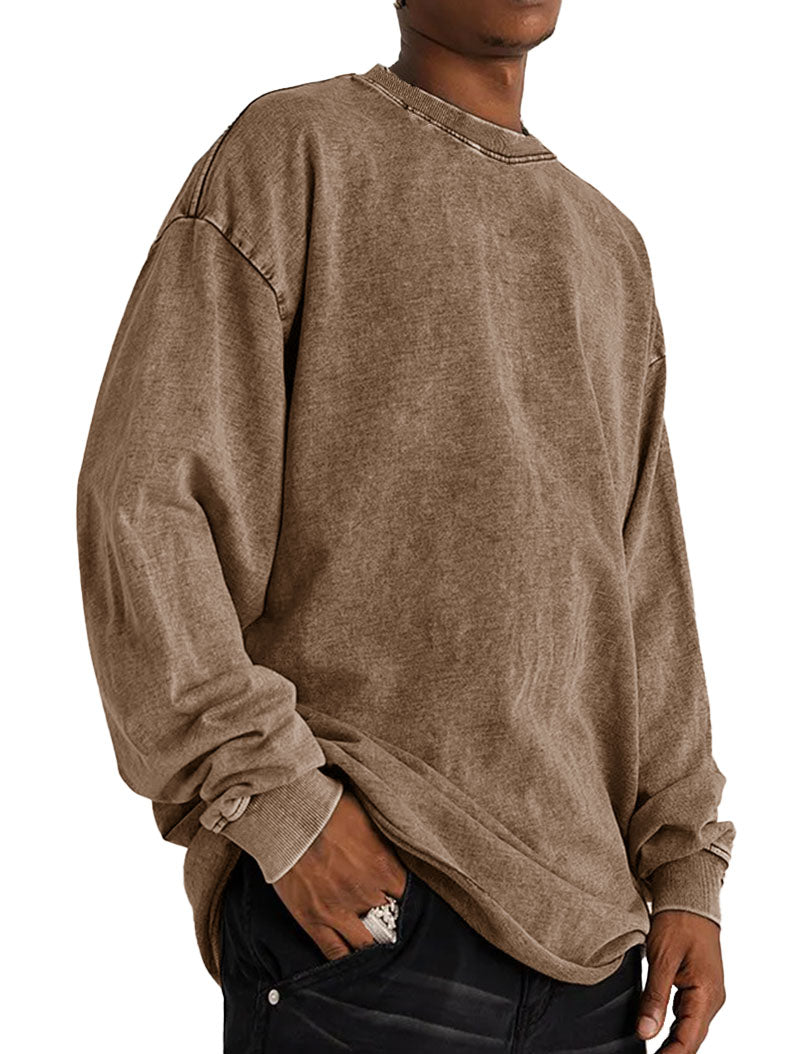 Men's Fashion Vintage Washed Cotton Round Neck Long Sleeve T-Shirt