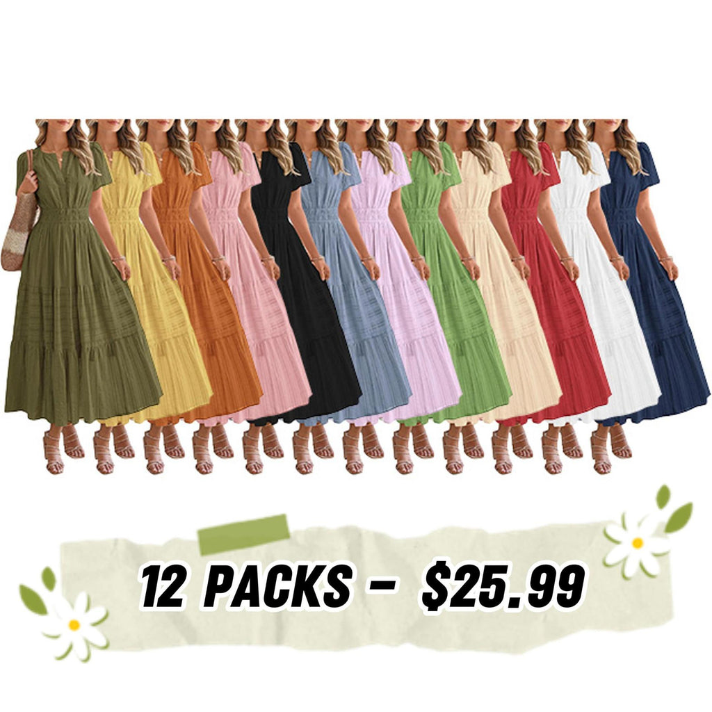 2025 Women's Spring And Summer Lightweight Short Sleeve V Casual Midi Maxi Dresses