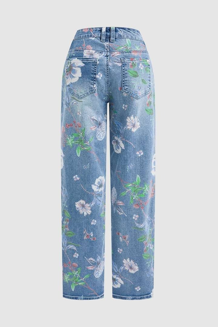 🔥Floral Pattern Wash High Waist Straight Leg Jeans