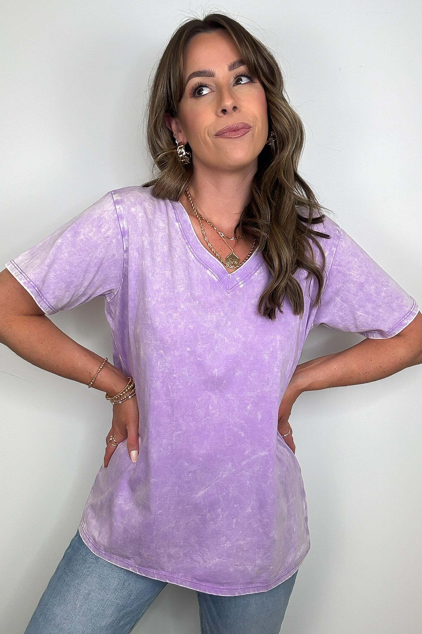 Soliel Acid Wash V-Neck Relaxed Fit Top - BACK IN STOCK