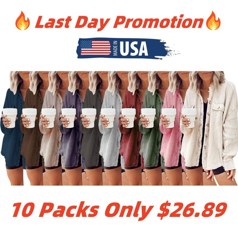 Women's Loose Fit Batwing Sleeve Waffle Knit Button Down Shirt Shacket Tops