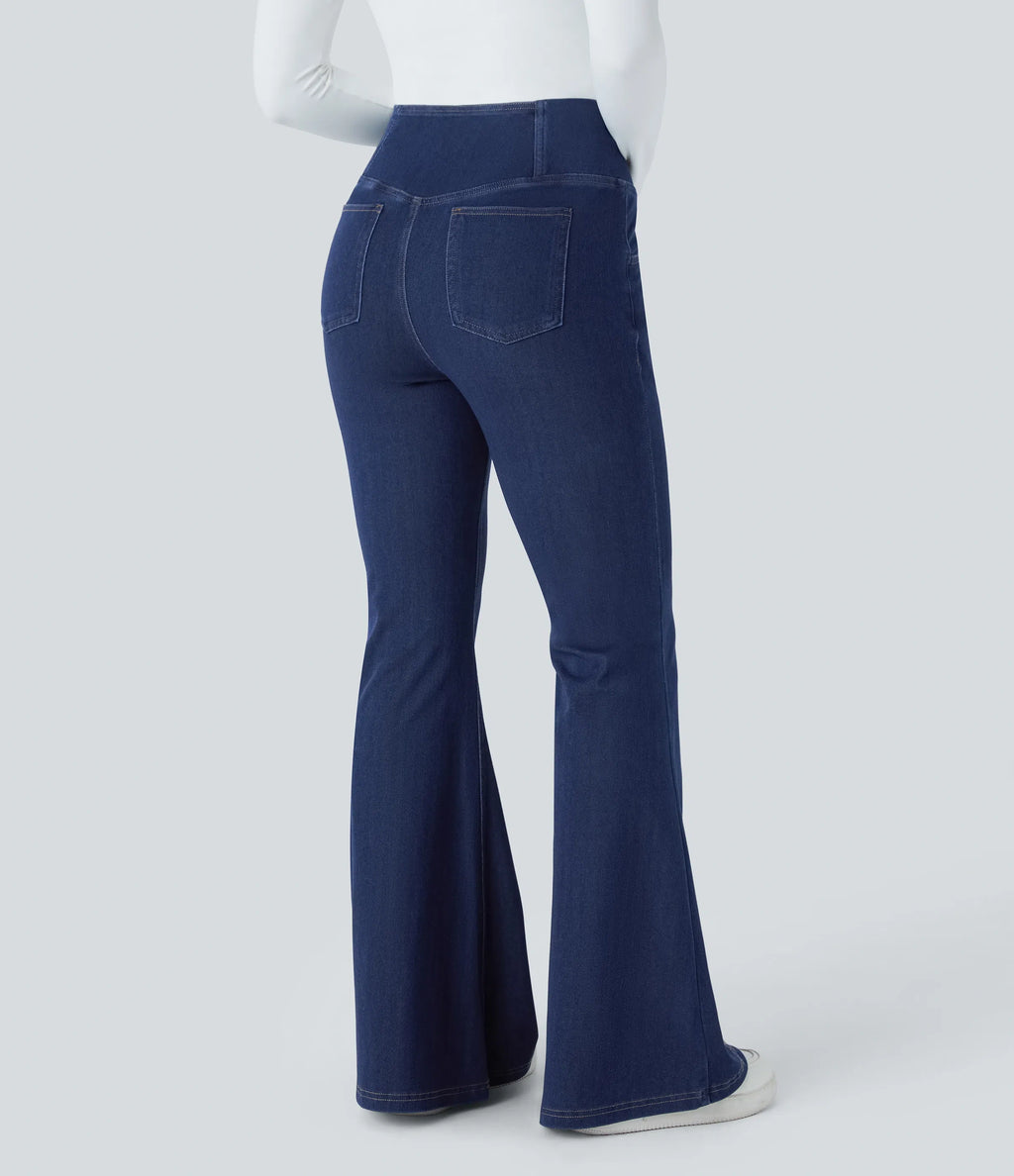 ⚡High Waisted Crossover Pocket Washed Stretchy Knit Casual Super Flare Jeans⚡