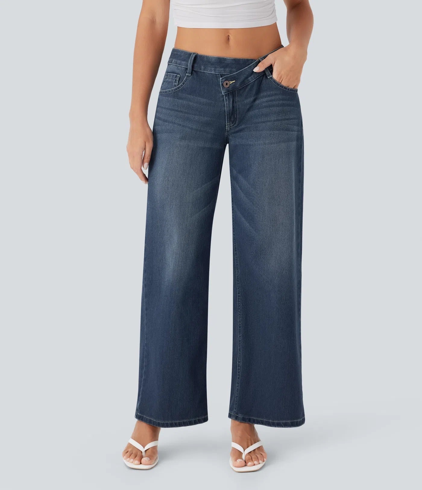 Asymmetric Low Rise Zipper Pockets Baggy Wide Leg Washed Casual Jeans