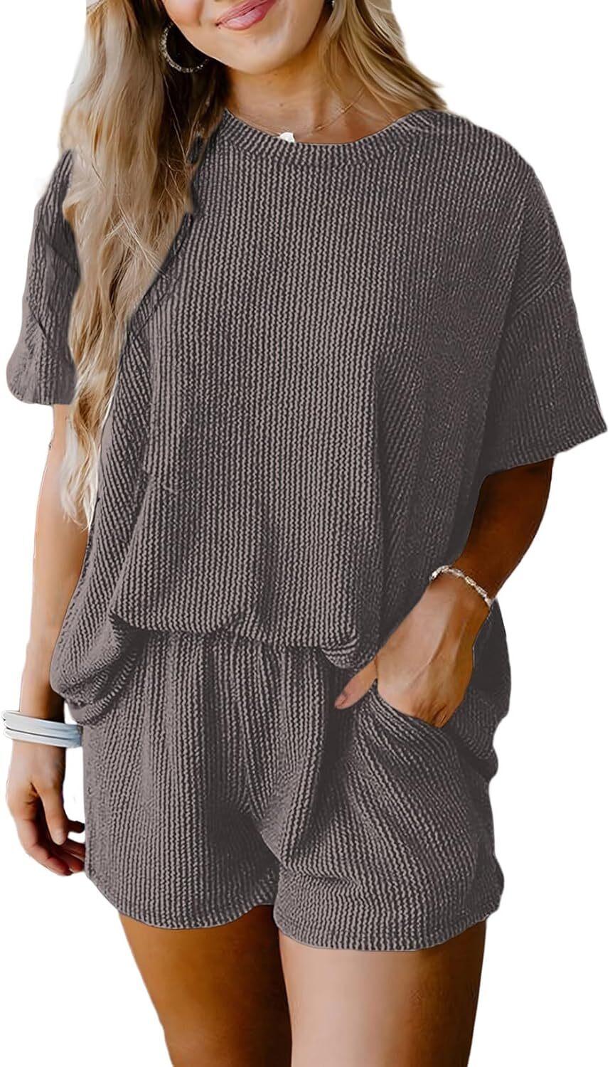 Two 2 Piece Sets for Women Short Sleeve Shirts High Waisted Shorts with Pockets Pajamas Lounge Matching Set