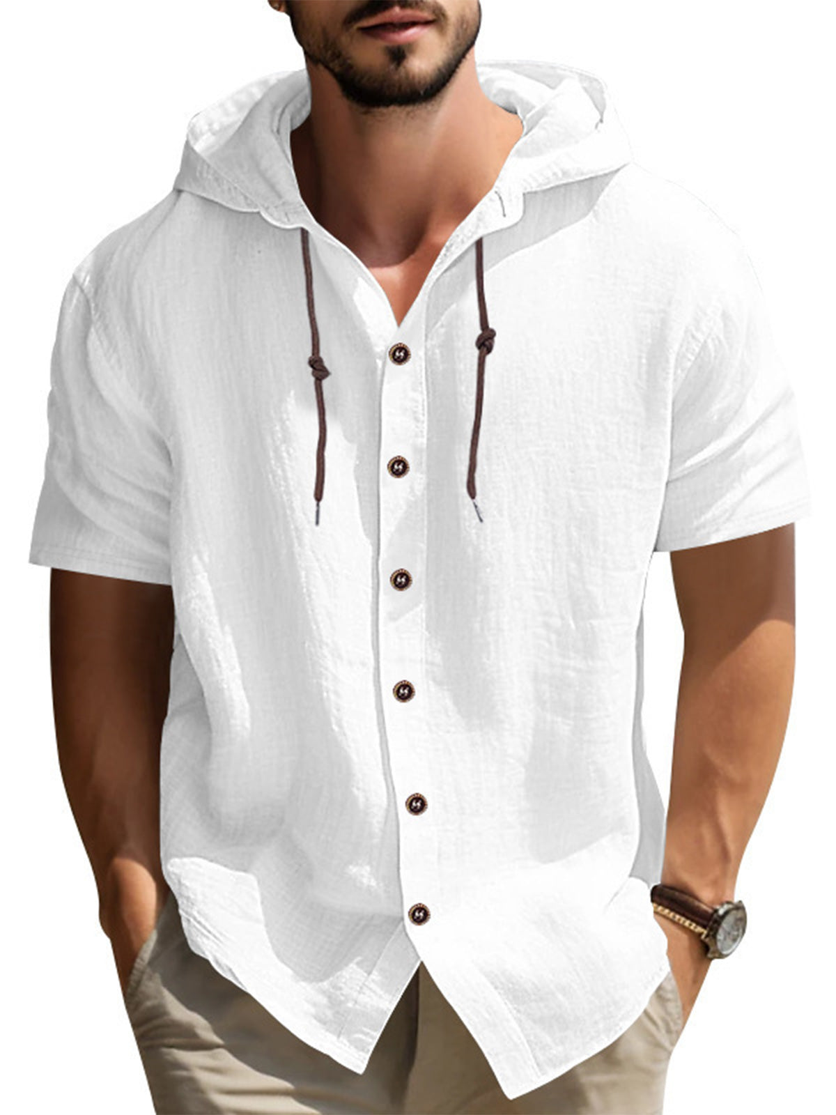 Men's Summer Cotton Hooded Solid Color Short Sleeve Shirt