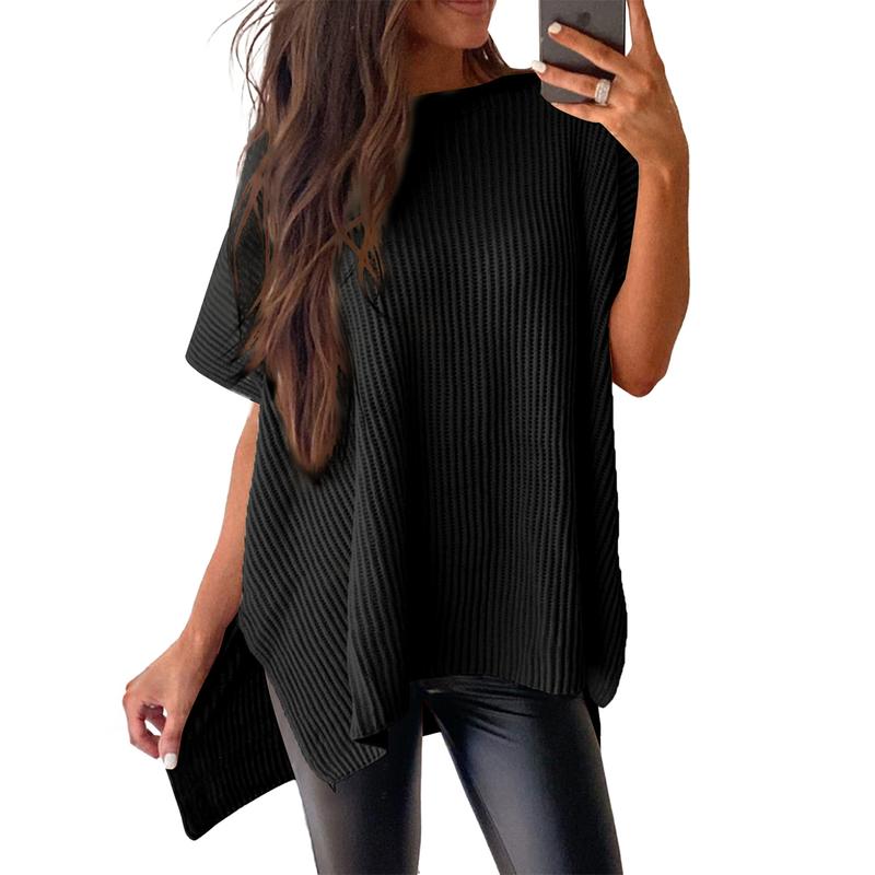 2025 Summer Women's Casual Crew Neck Drop Shoulder Loose Fit Short Sleeve Knit Pullover