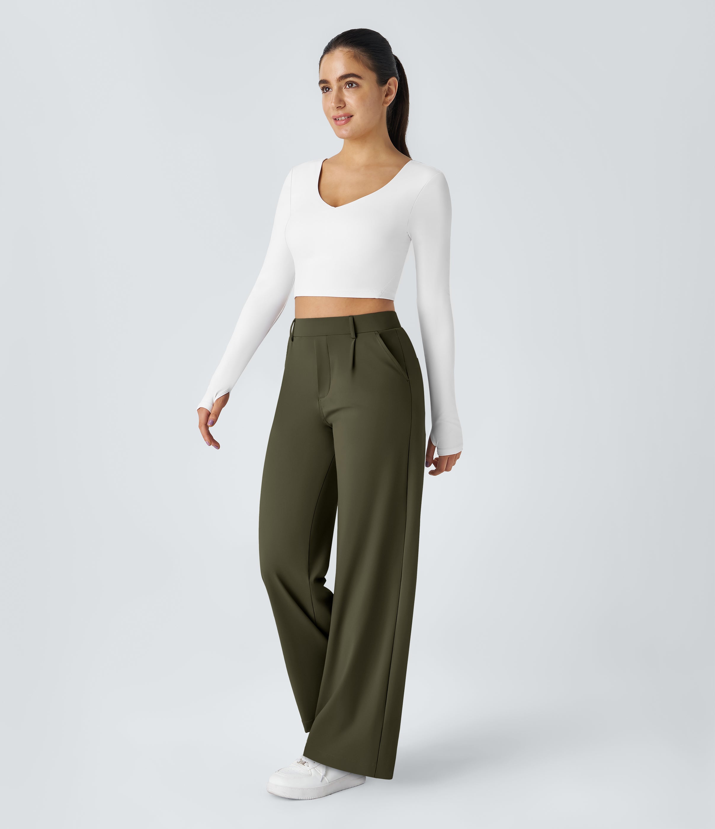 Factory Outlet - High Waisted Side Pocket Straight Leg Work Suit Pants