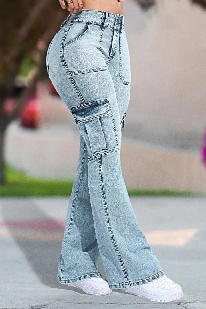 ⚡Last Chance Deal⚡- Multi Pocket Double Button Mid Rise Flare Cargo Jeans