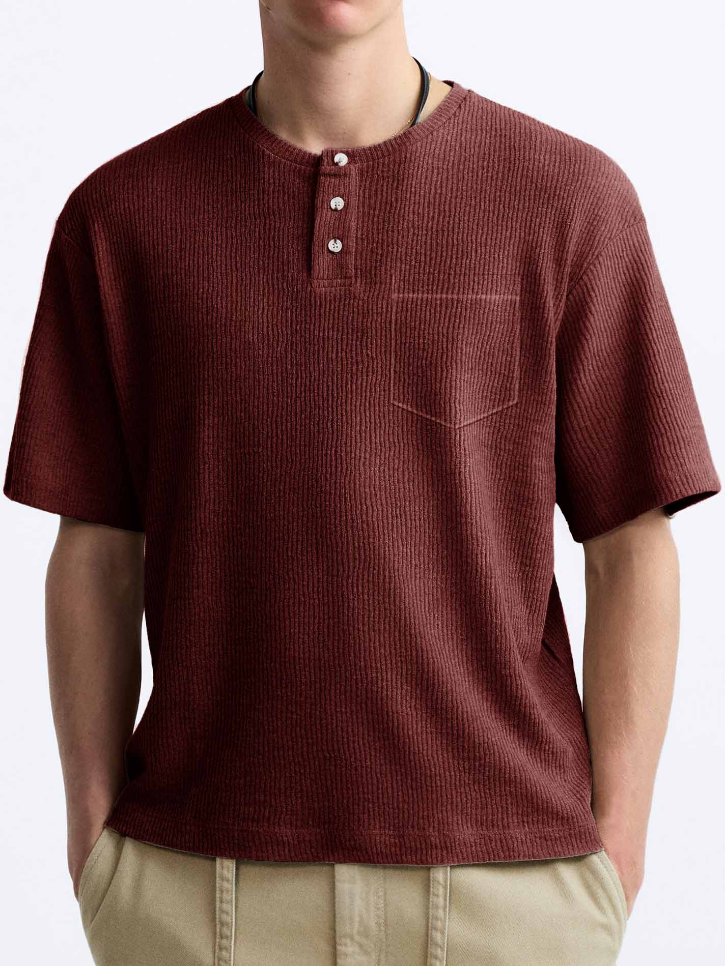 Men's Comfort Basics Striped Fabric Pocket Crew Neck Henley