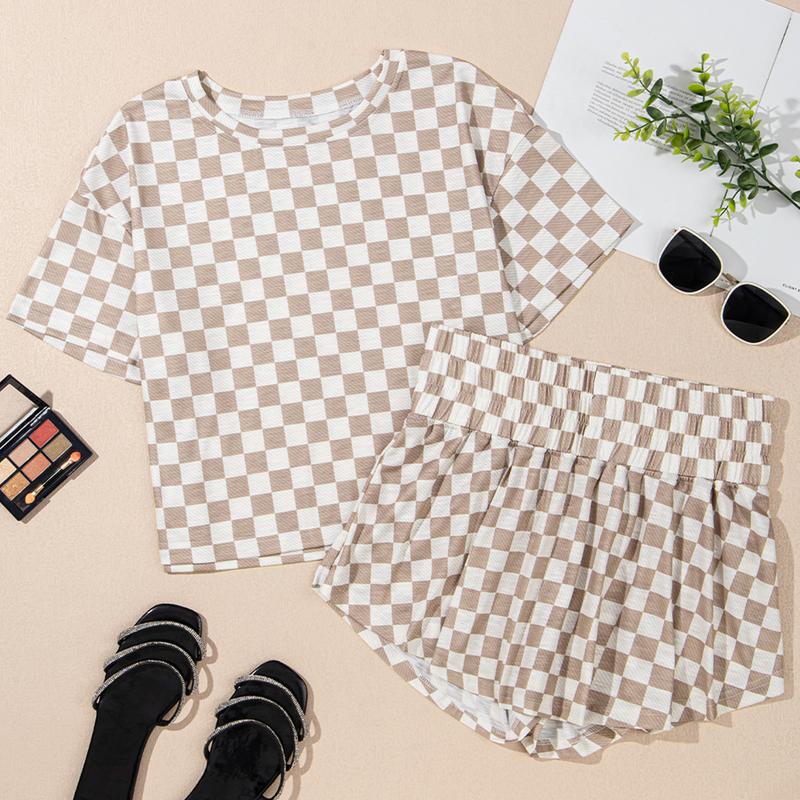 Women‘s Two Piece Set Checkerboard T Shirt and Ruffle High Waist Skort Set 2025 Summer Casual Sets for Daily Wear