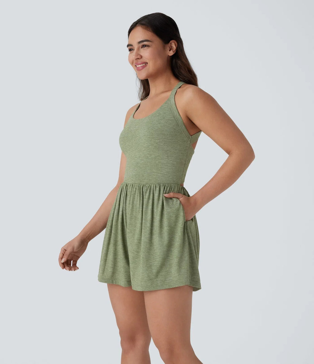 Backless Twisted Side Pocket 2-in-1 Resort Romper