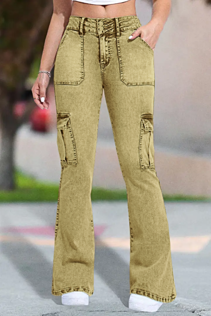 ⚡Last Chance Deal⚡- Multi Pocket Double Button Mid Rise Flare Cargo Jeans