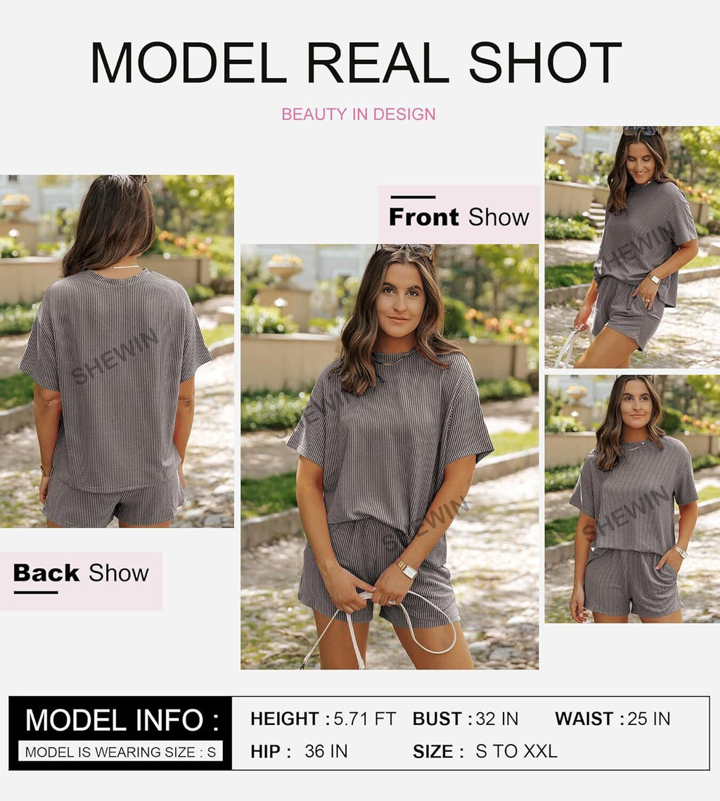 Two 2 Piece Sets for Women Short Sleeve Shirts High Waisted Shorts with Pockets Pajamas Lounge Matching Set