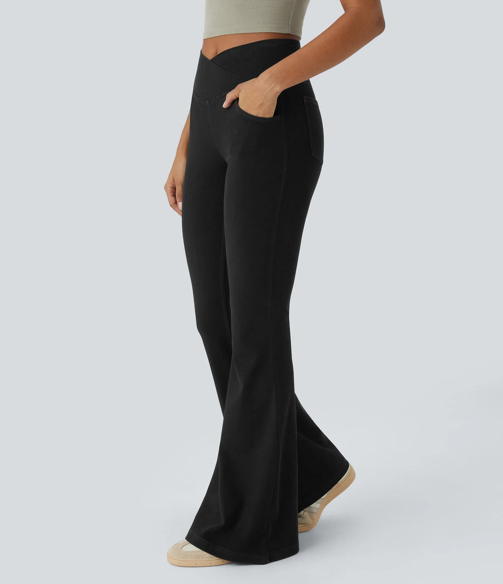 ⚡High Waisted Crossover Pocket Washed Stretchy Knit Casual Super Flare Jeans⚡