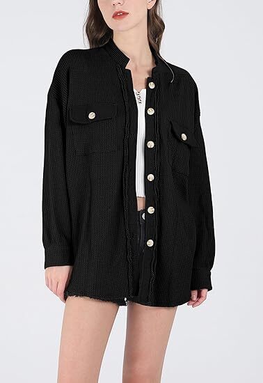 Women's Loose Fit Batwing Sleeve Waffle Knit Button Down Shirt Shacket Tops