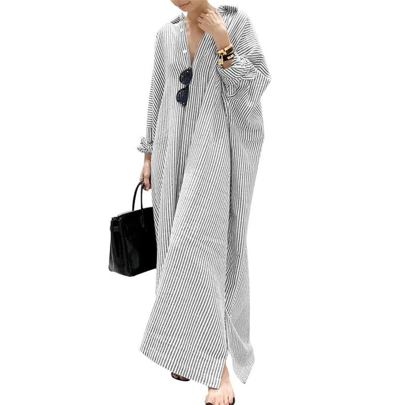 Women's Casual Long Sleeve Button Down Loose Striped Cotton Maxi Shirt Dress