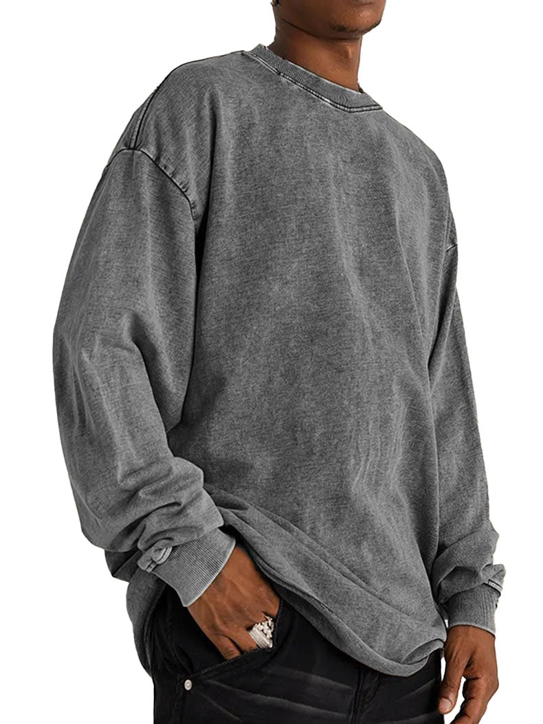 Men's Fashion Vintage Washed Cotton Round Neck Long Sleeve T-Shirt