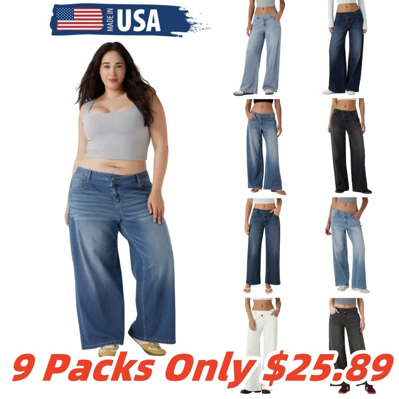 Asymmetric Low Rise Zipper Pockets Baggy Wide Leg Washed Casual Jeans