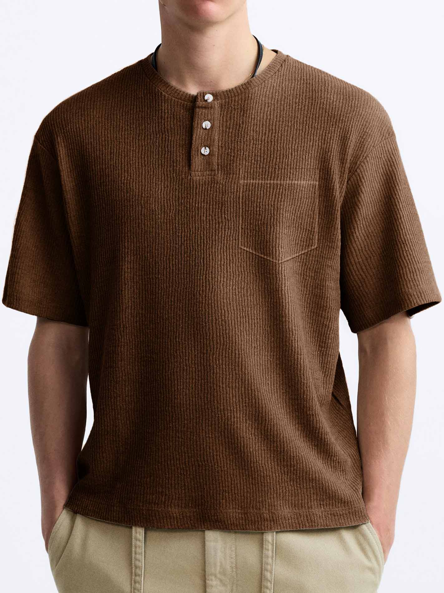 Men's Comfort Basics Striped Fabric Pocket Crew Neck Henley