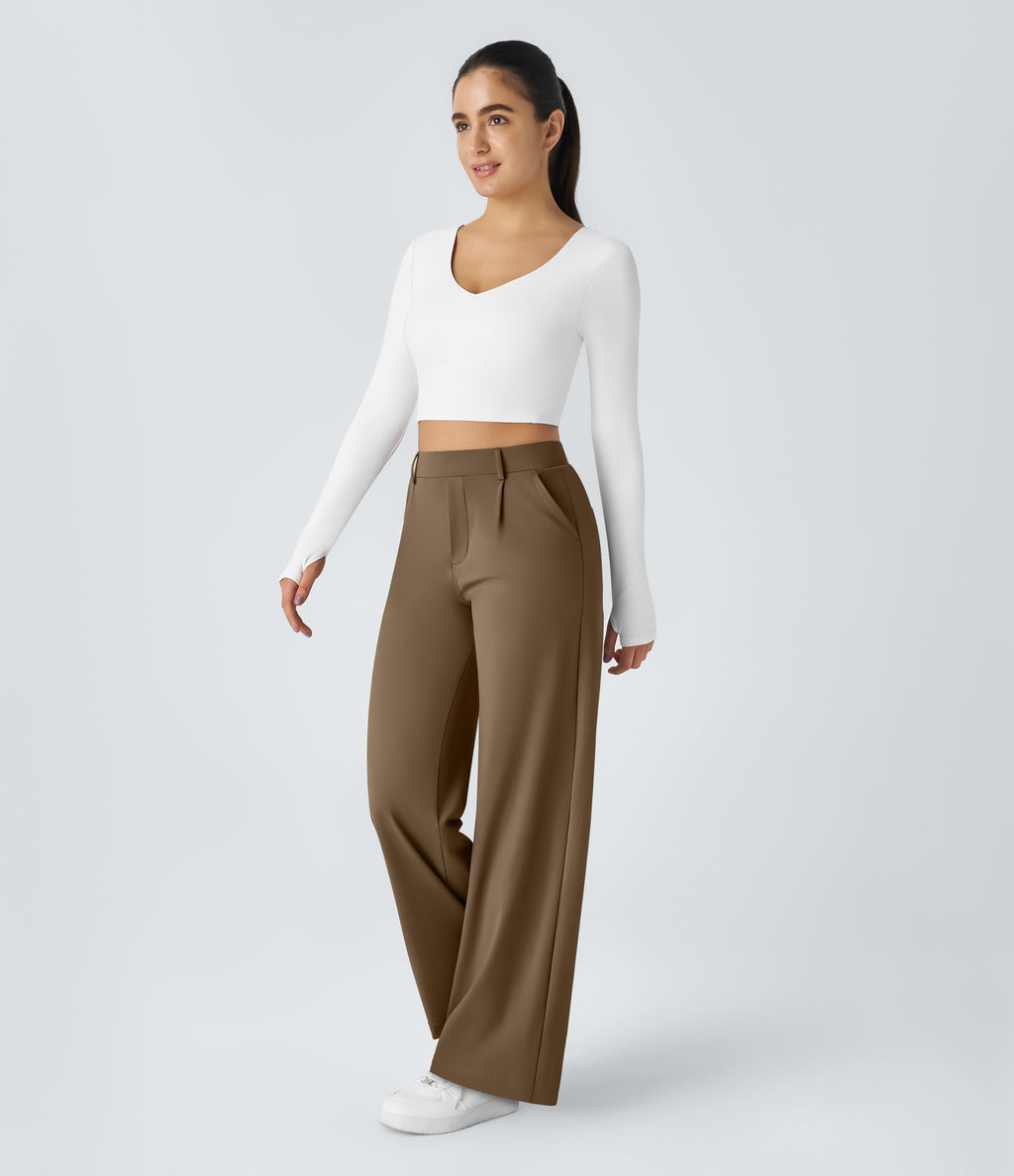 Factory Outlet - High Waisted Side Pocket Straight Leg Work Suit Pants