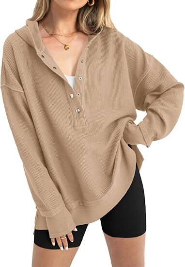 Women’s Casual V-Neck Button-Up Hoodie with Side Slits