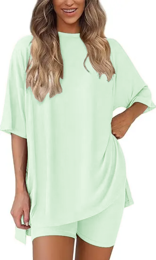 🔥Women's Two Piece Lounge Set 2025 Summer Casual Oversized Shirts Biker Shorts Matching Airport Travel Outfit