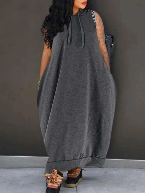 🔥Last day promotion⏰-Women's Plain Drawstring Hooded Tank Dress, Casual Pocket Sleeveless Maxi Dress for Summer, Fashion Women's Clothing for Daily Wear