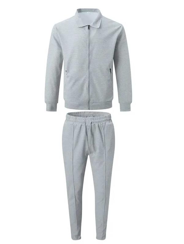 Sporty Two-piece Set Men's Plain Zip Up Jacket & Drawstring Waist Pants Tracksuit Set