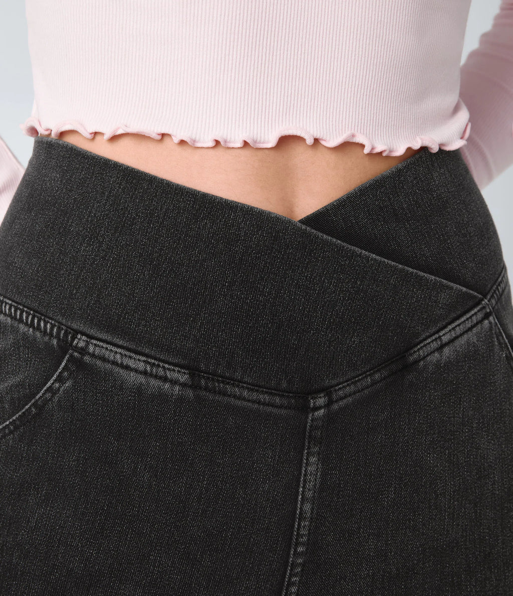 High Waisted Crossover Pocket Washed Stretchy Knit Casual Super Flare Jeans