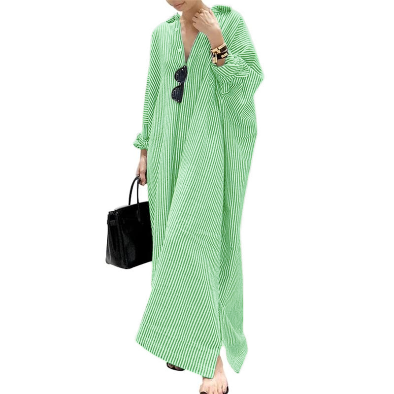 Women's Casual Long Sleeve Button Down Loose Striped Cotton Maxi Shirt Dress