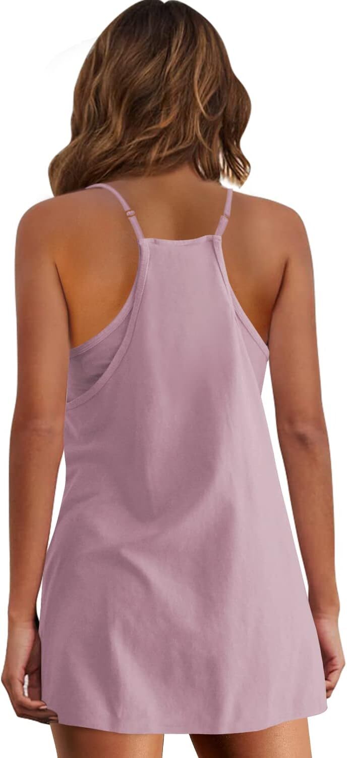 Womens Summer Sleeveless Mini Dress V Neck Spaghetti Strap Sundress Athletic Short Dress with Pockets