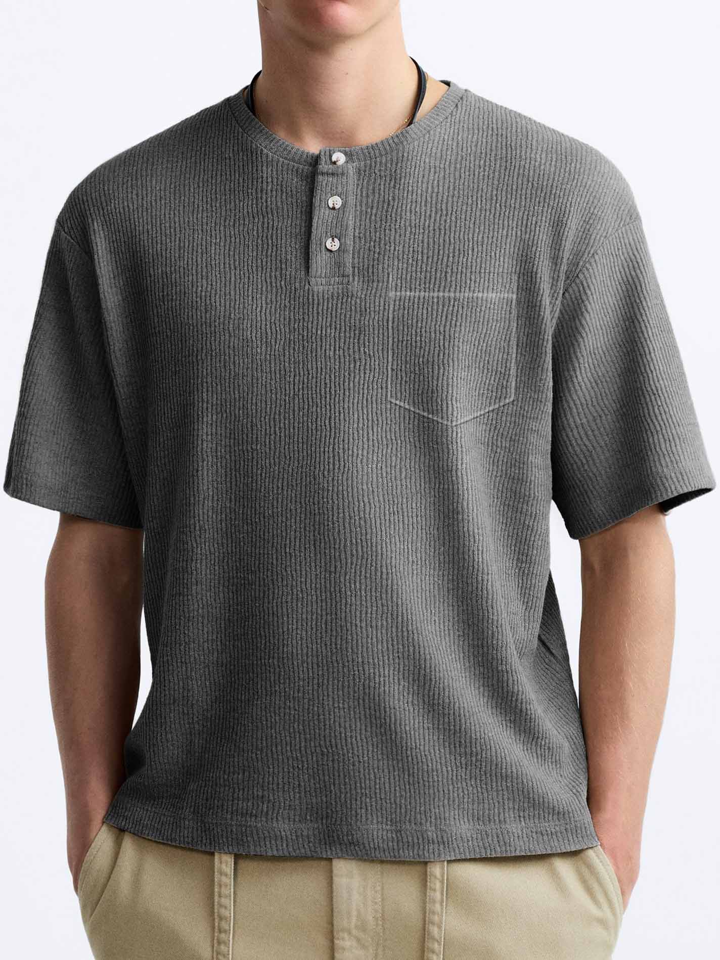 Men's Comfort Basics Striped Fabric Pocket Crew Neck Henley