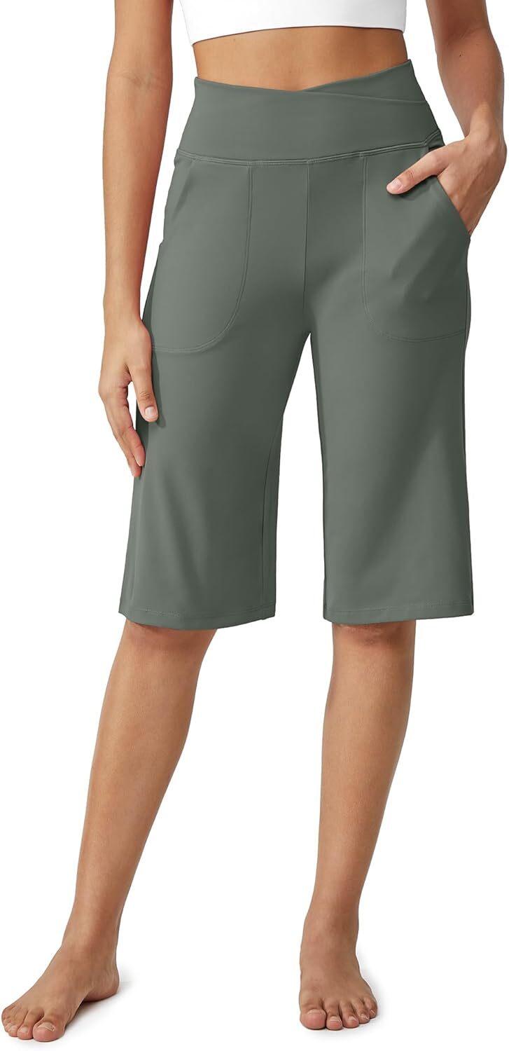 Capri Pants for Women -Knee Length Wide Leg Yoga Capris Dressy Casual Summer Crop Pants with Pockets