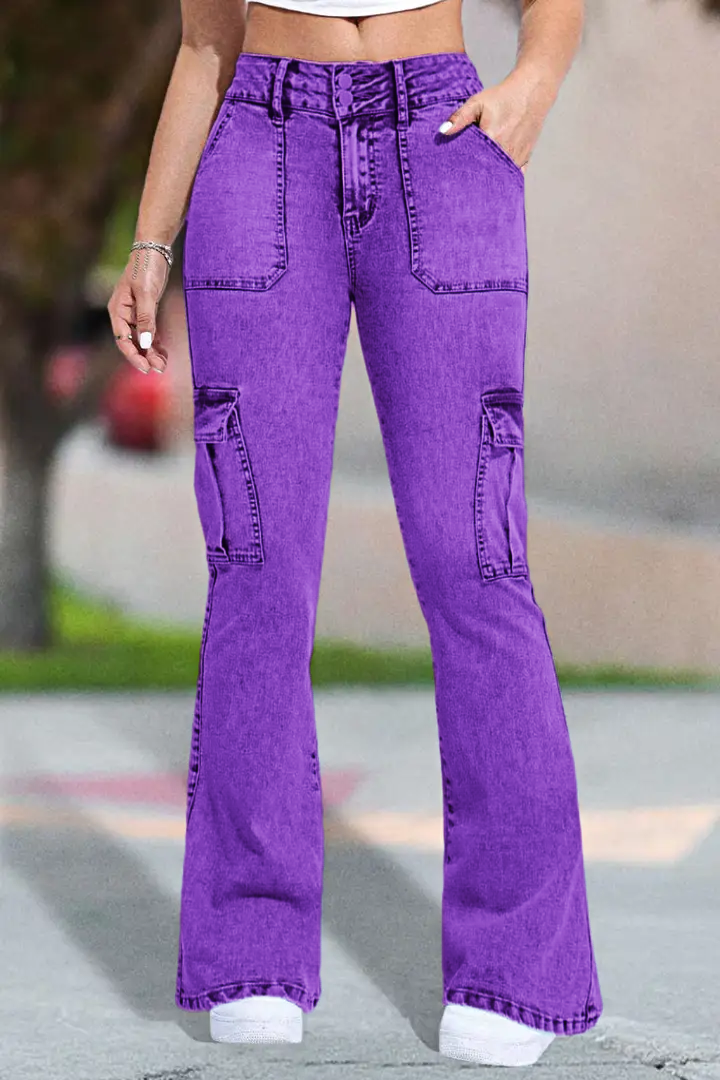 ⚡Last Chance Deal⚡- Multi Pocket Double Button Mid Rise Flare Cargo Jeans